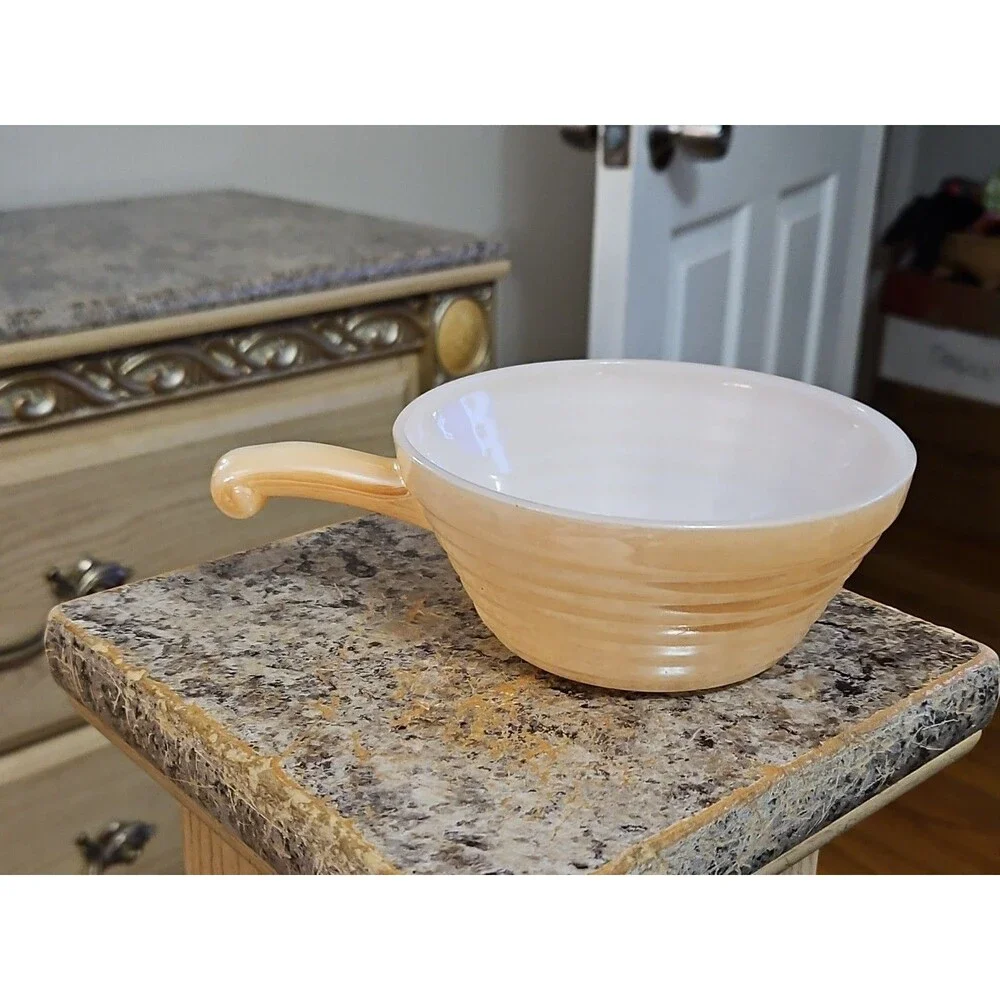Vintage Anchor Hocking Fire King Peach Lusterware Handled Soup Bowl